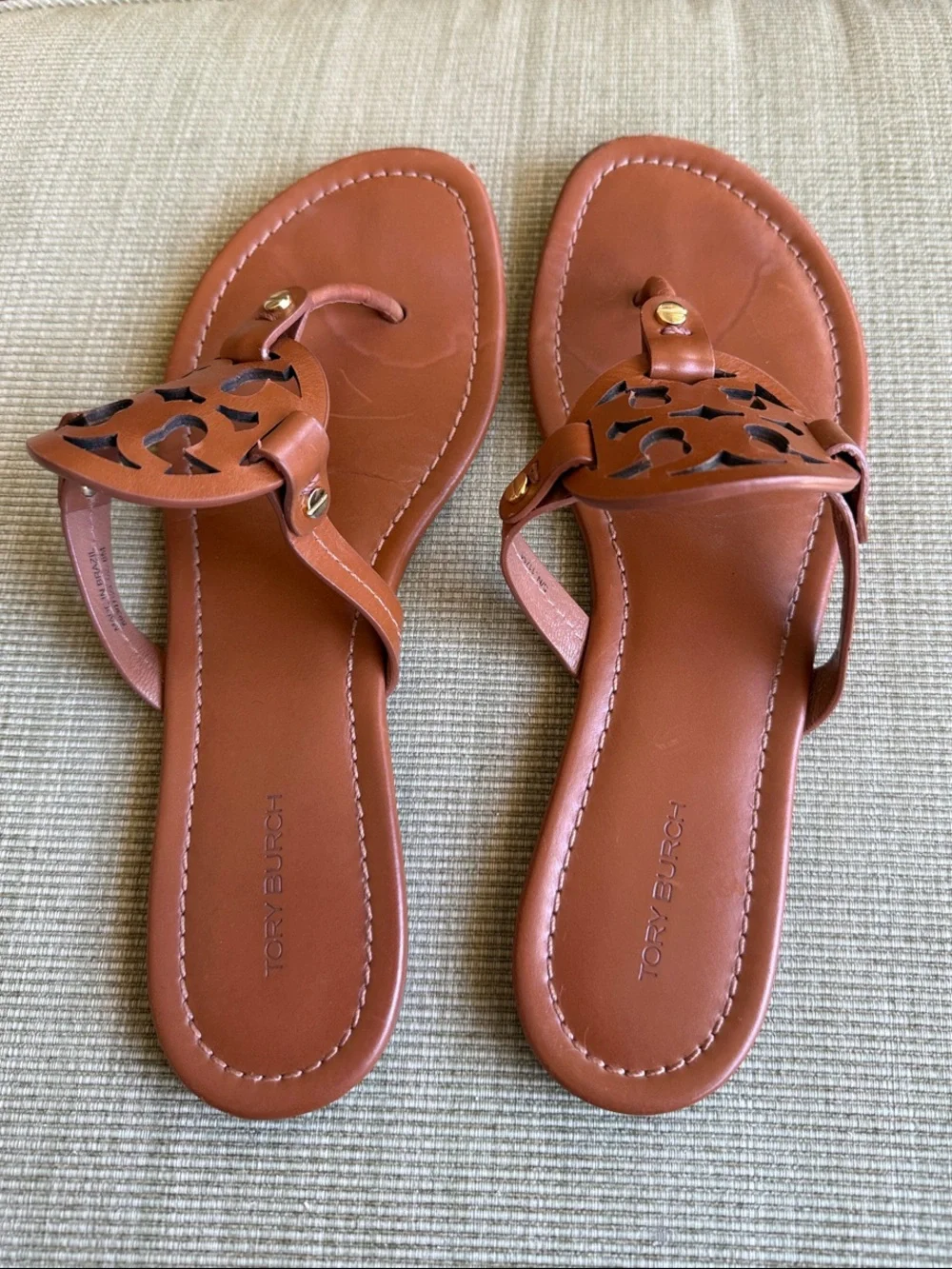 Tory Burch Cognac Leather Logo Thong Sandals